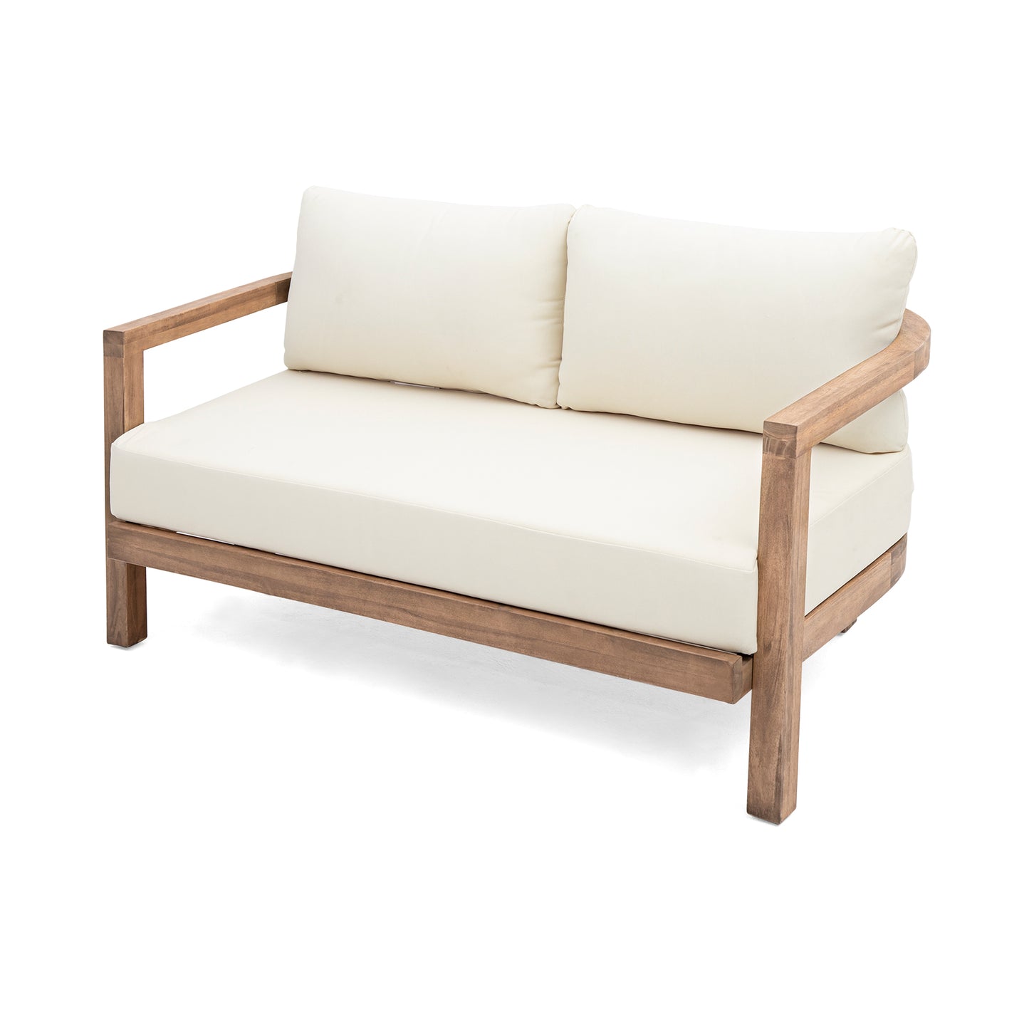 Cream upholstered wooden outdoor loveseat with curved arms and a clean design