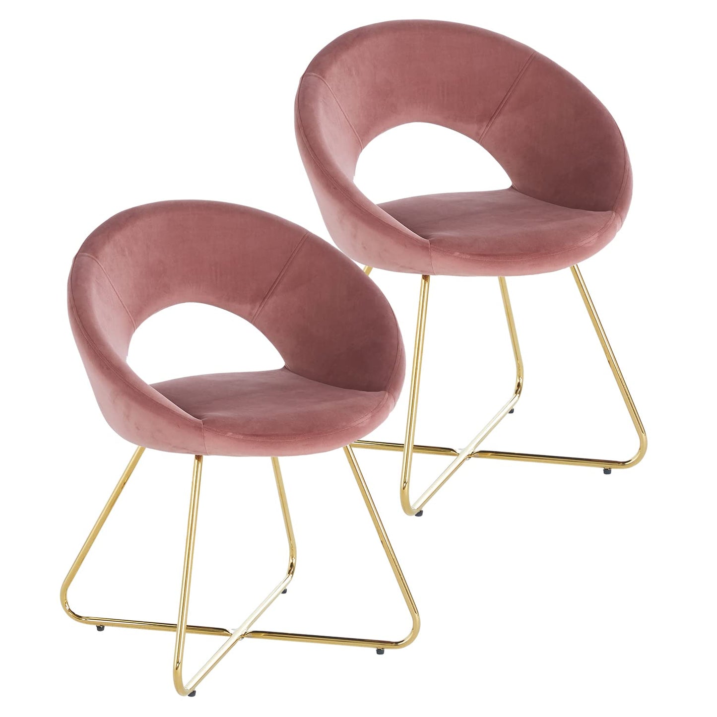 Two plush rose velvet chairs with elegant gold metal legs perfect for a modern living room