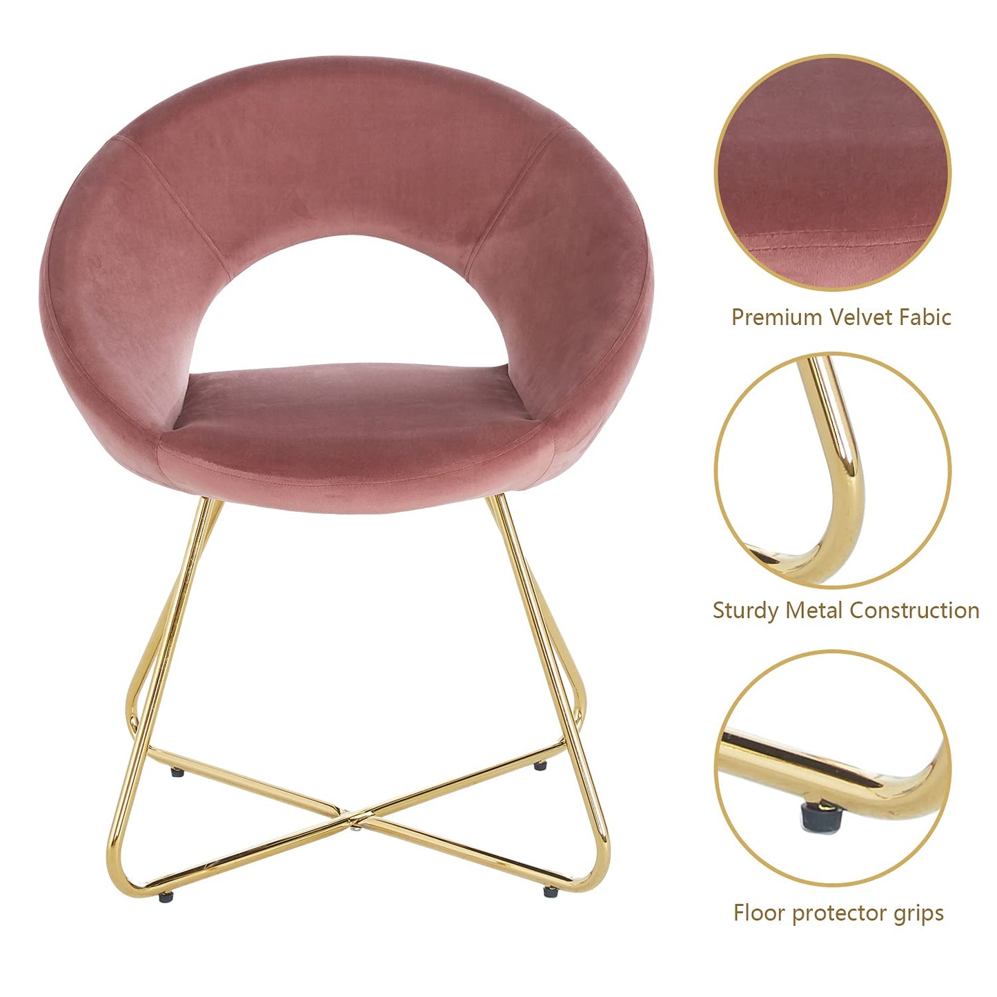 Dusty rose velvet accent chair with polished gold metal frame