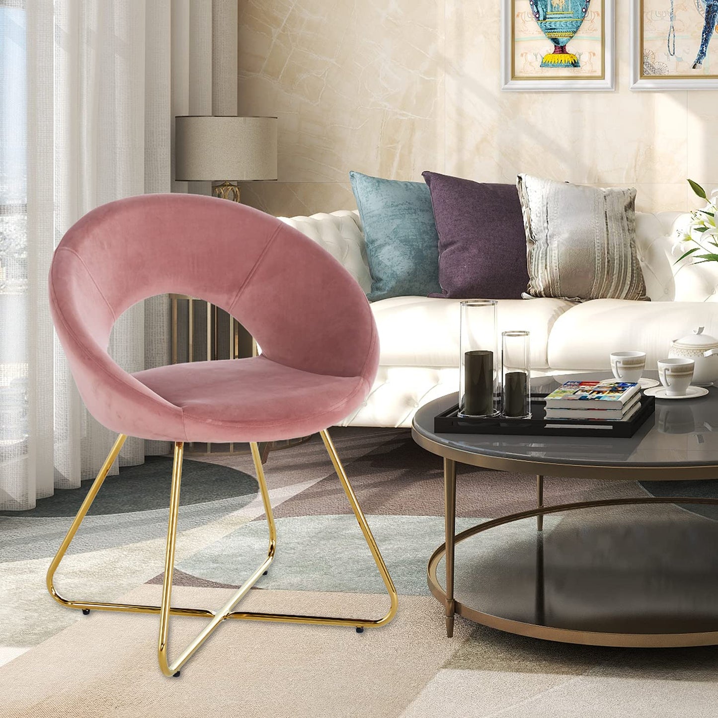Pink velvet accent chair with gold metal legs