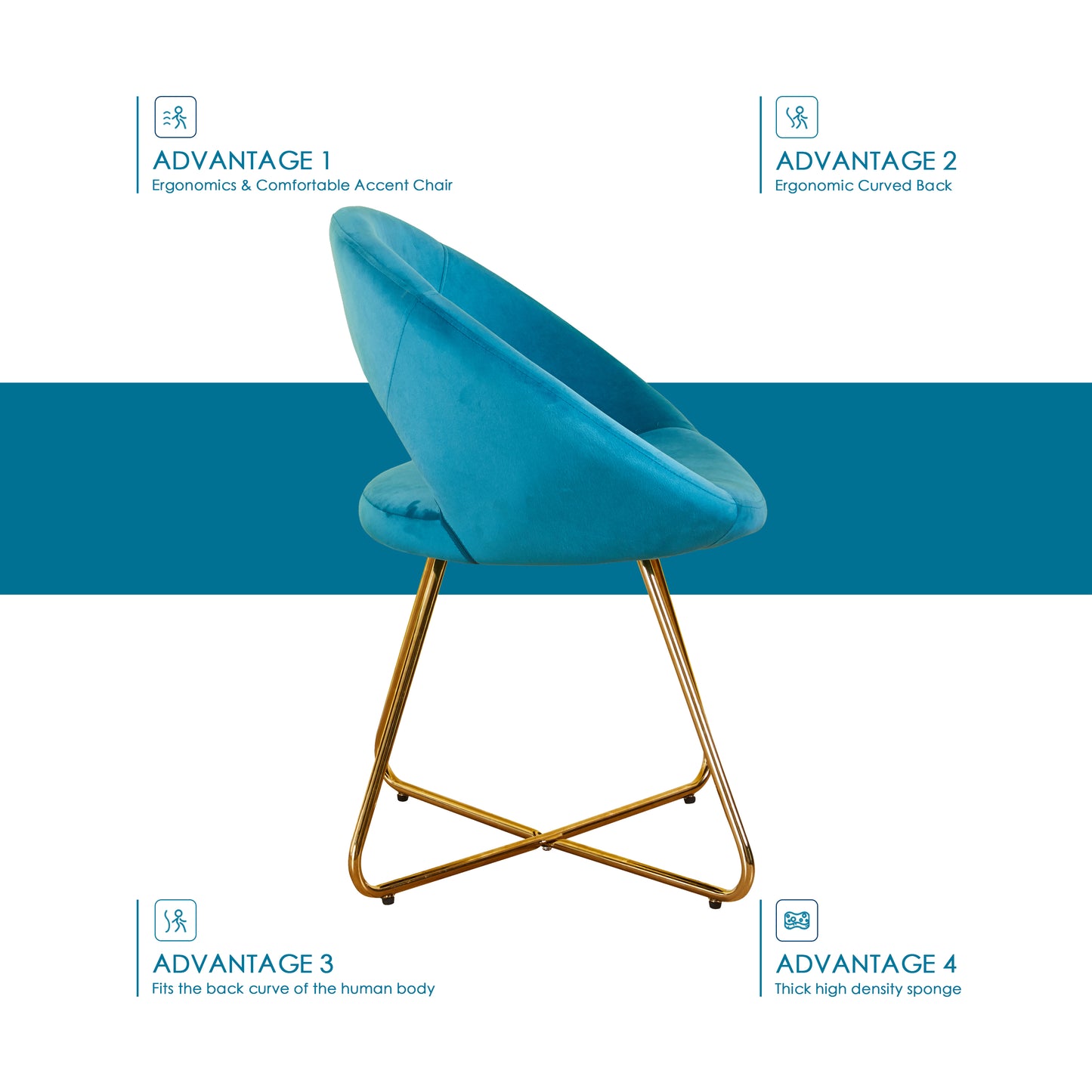 Teal velvet accent chair with ergonomic curved back and gold metal legs