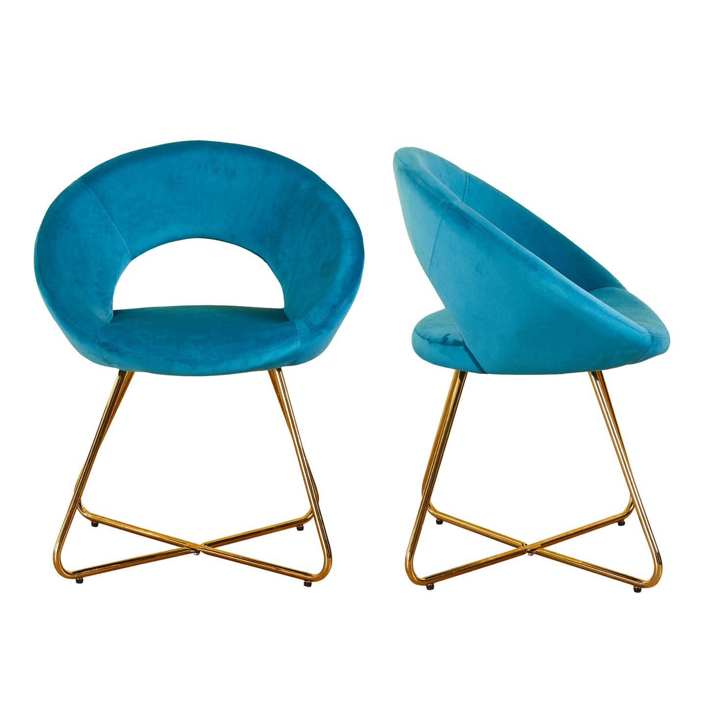 Turquoise velvet accent chair with elegant gold metal legs and a modern curved design