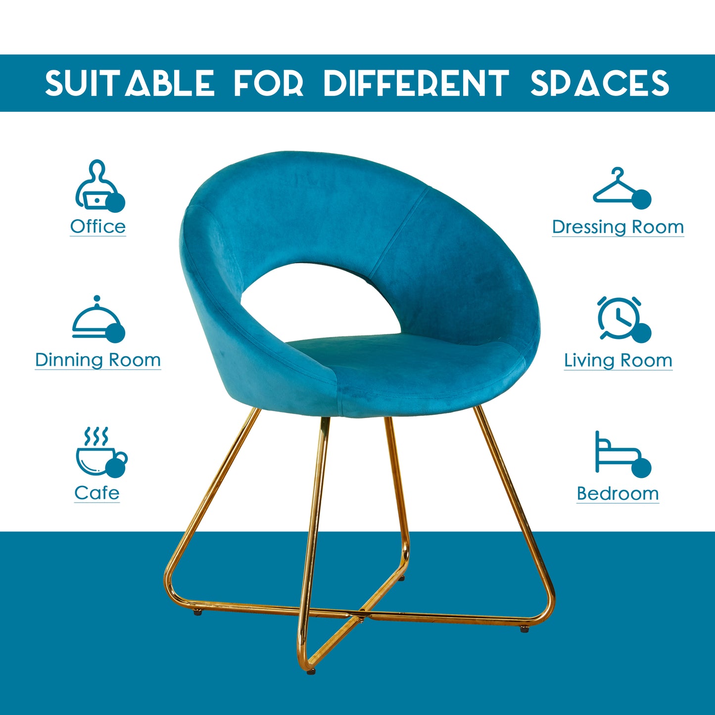Teal velvet accent chair with modern gold metal legs perfect for a living room setting