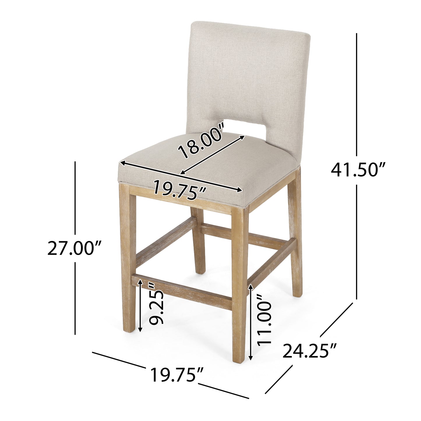 Beige linen upholstered counter stool with distressed wood legs inch seat height