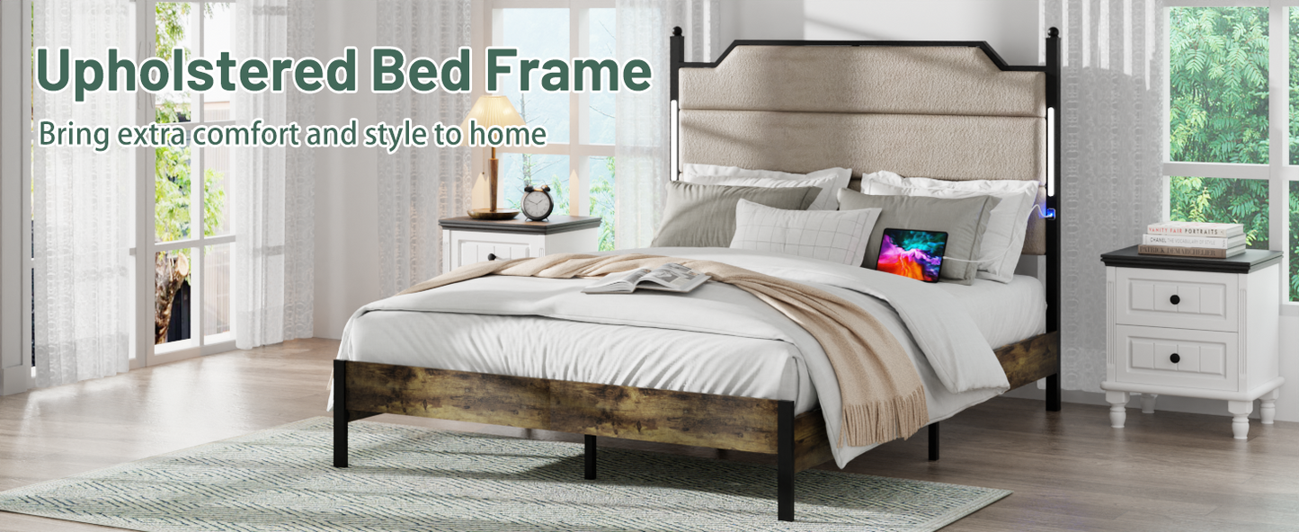 King size upholstered bed frame with beige textured headboard and rustic wood base