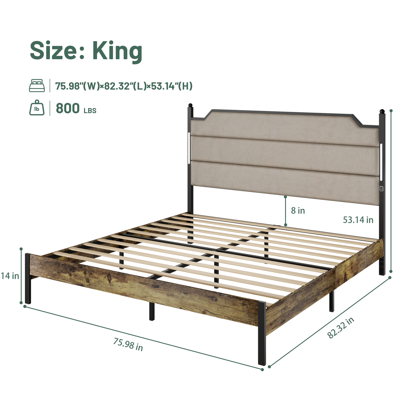 King size upholstered bed frame with a rustic wood and metal design