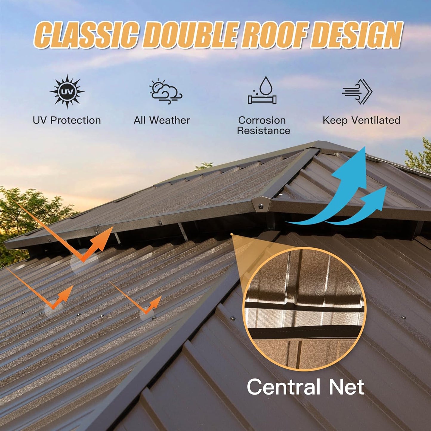 Brown metal gazebo roof with classic double roof design for UV protection and ventilation