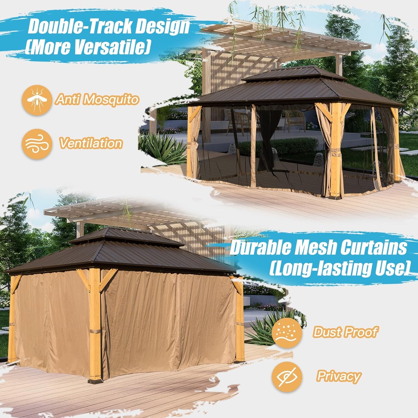 Brown metal roof gazebo with mosquito netting and doubletrack design for outdoor gatherings