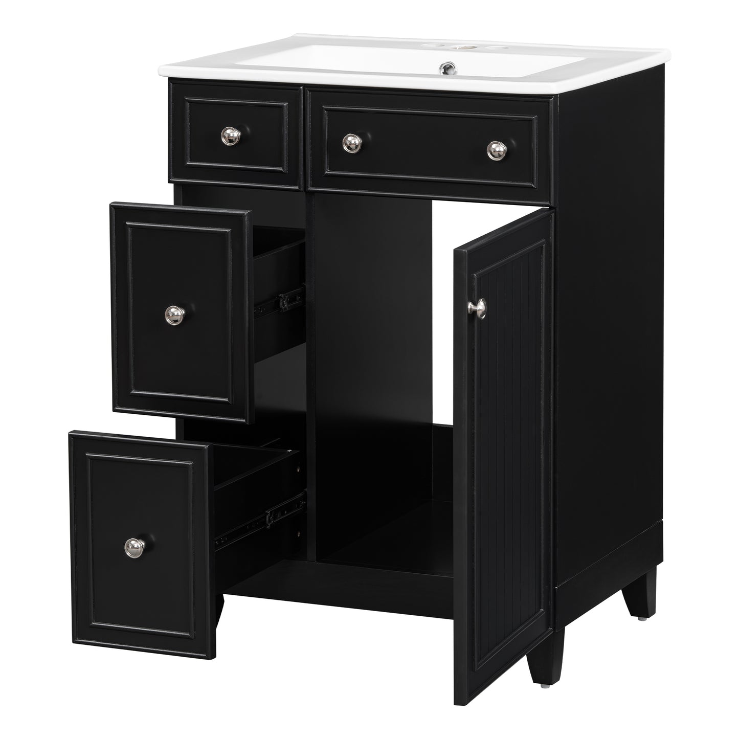 Black vanity cabinet with white porcelain top open drawers and door