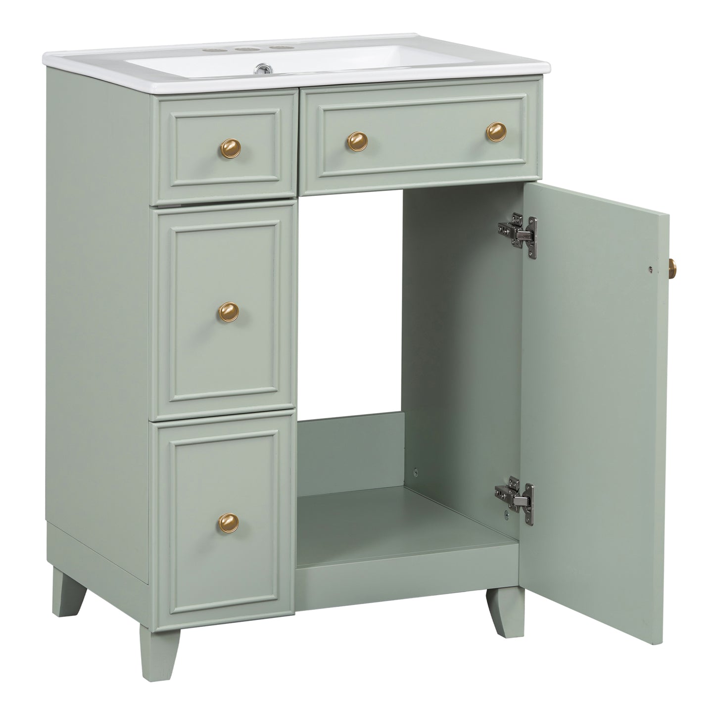 Sage green bathroom vanity with white ceramic top and gold knobs