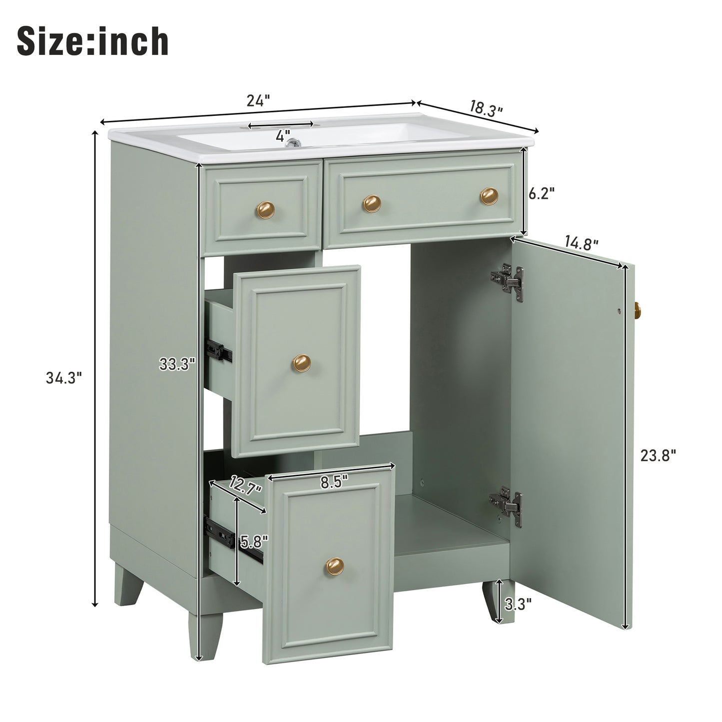 Sage green vanity with brass knobs dual drawers and open cabinet space