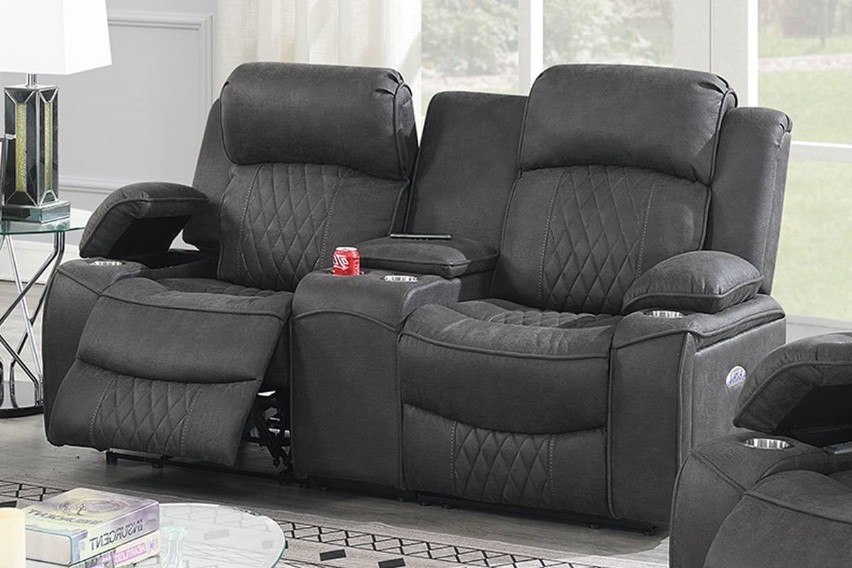 Dark gray upholstered loveseat recliner with diamond stitching and cup holders