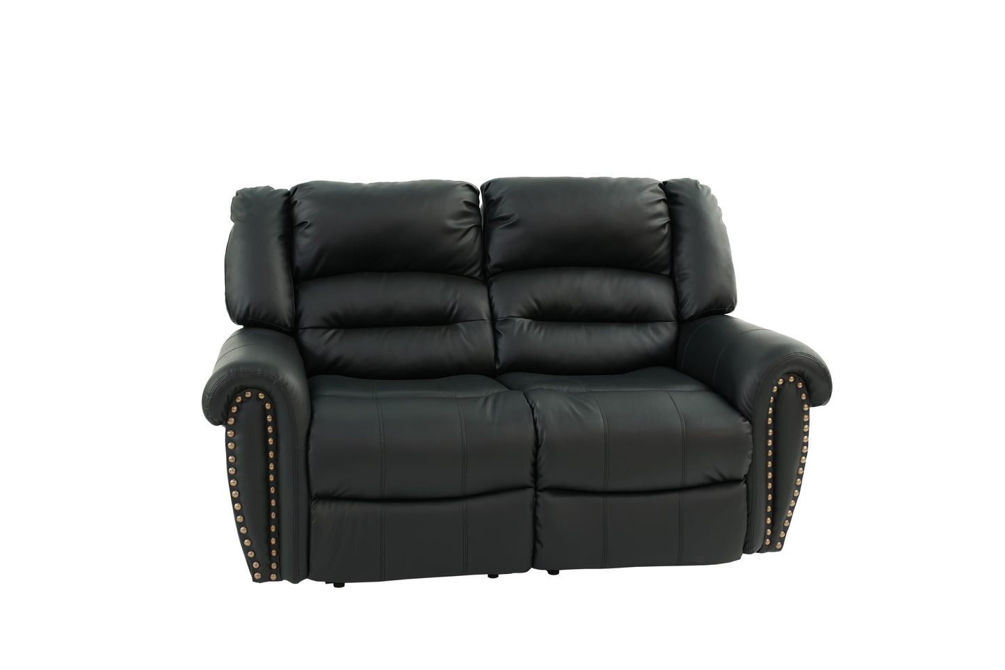 Black faux leather dual reclining loveseat with brass nailhead trim and plush cushioning