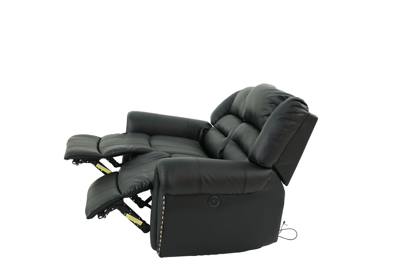 Black leather dualmotor power recliner with plush cushioning and brass nailhead trim