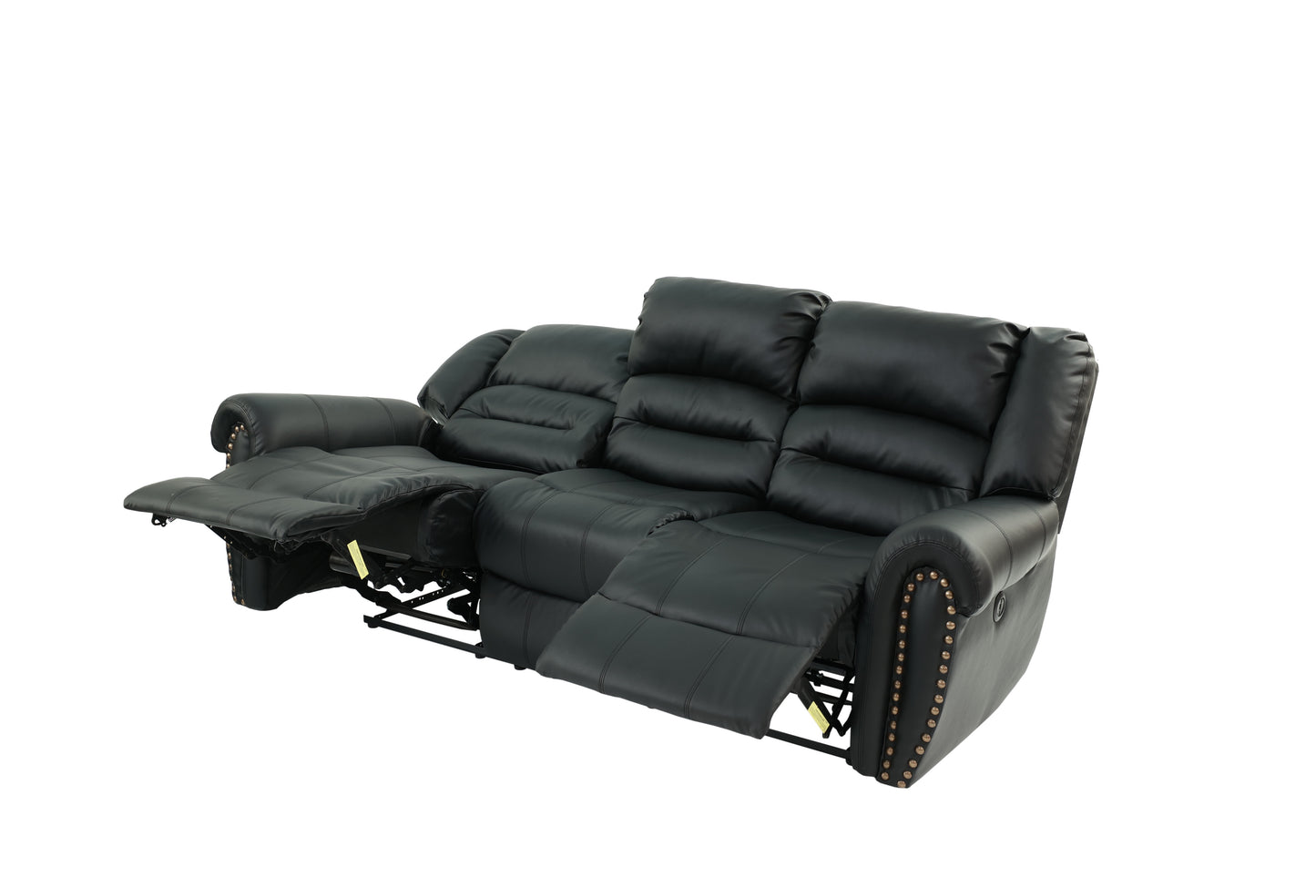 Black leather recliner sofa with studded arms and extended footrests for comfort