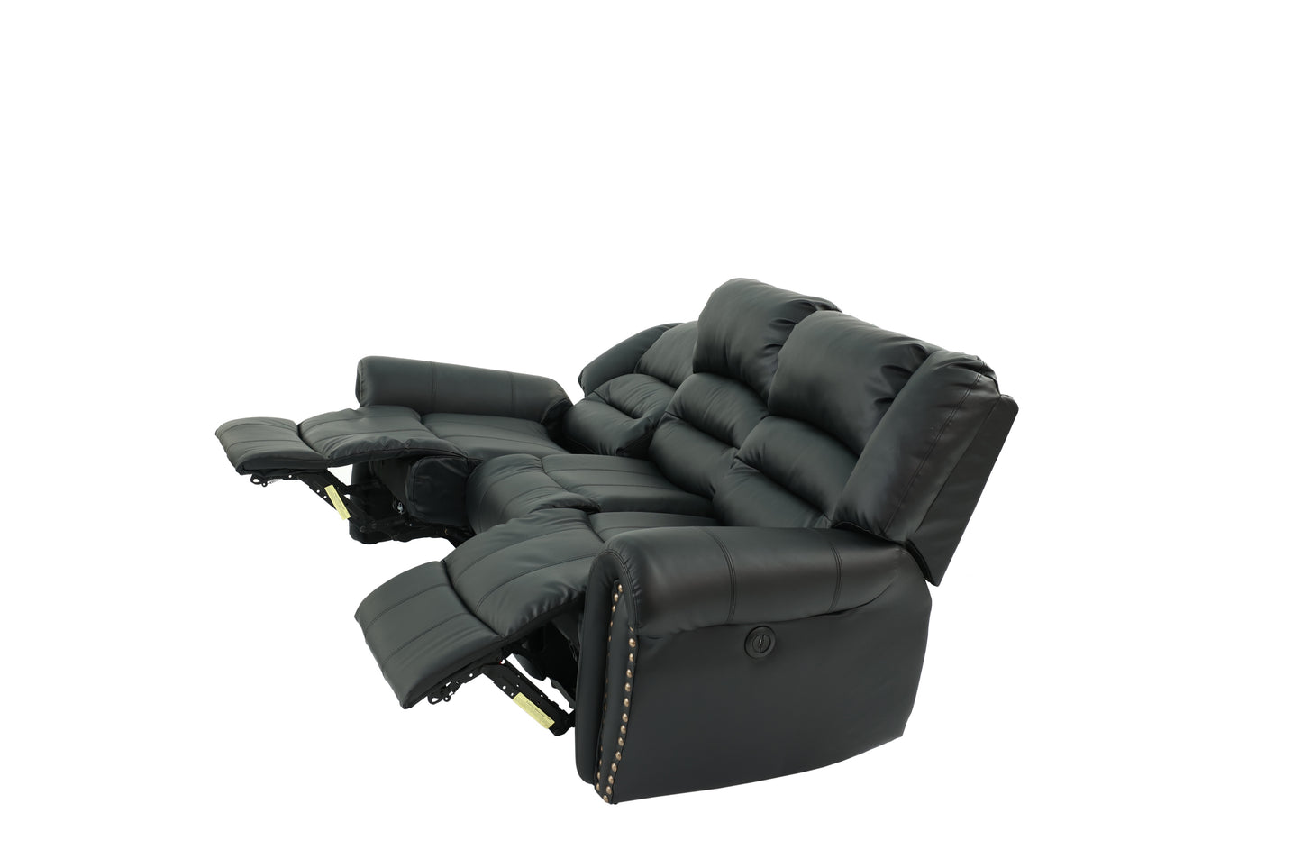 Black faux leather reclining sofa with plush cushions and brass nailhead trim