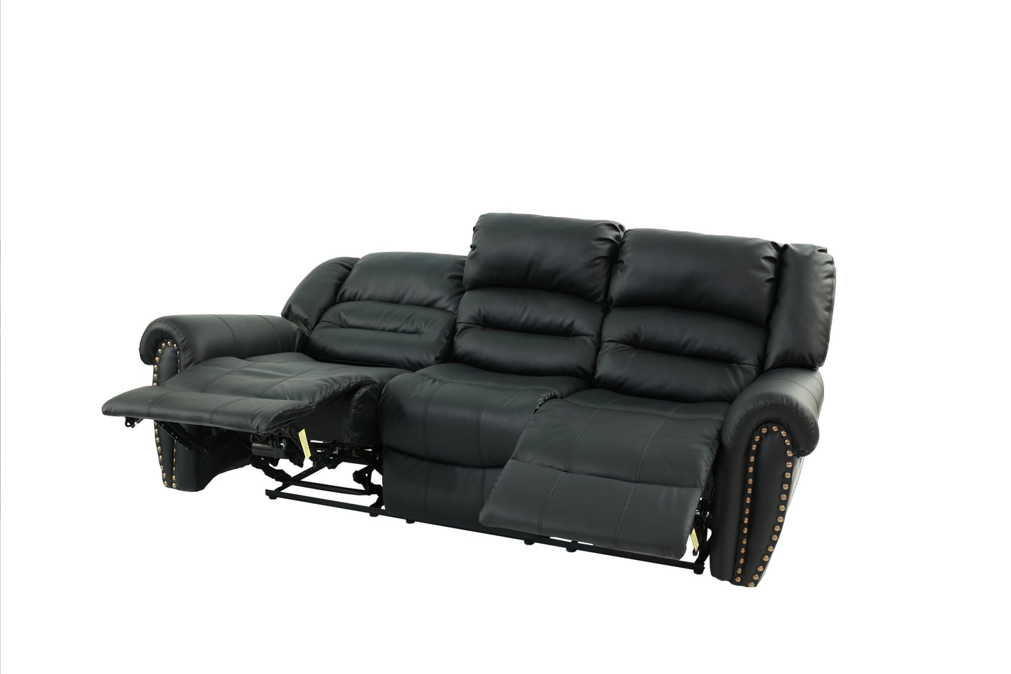 Black faux leather reclining sofa with detailed stitching and brass nailhead trim