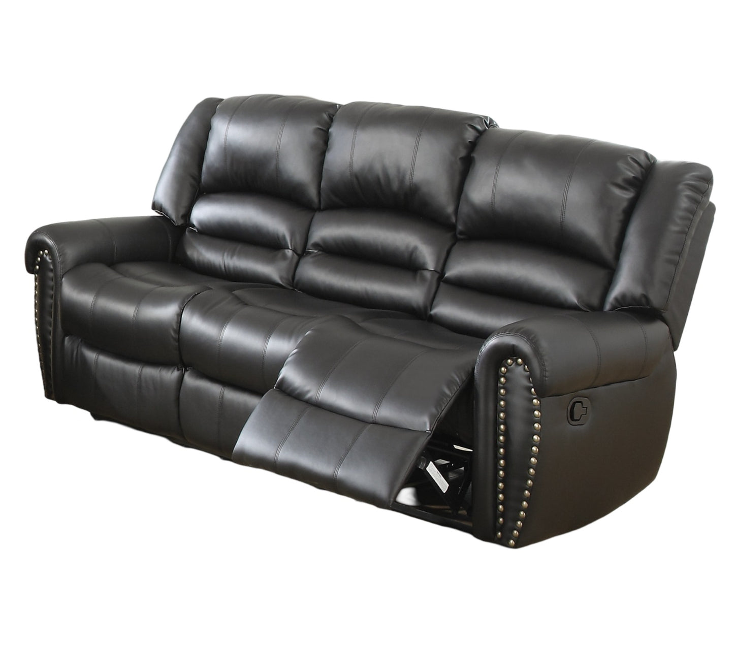 Black leather threeseater recliner sofa with decorative nailhead trim on arms