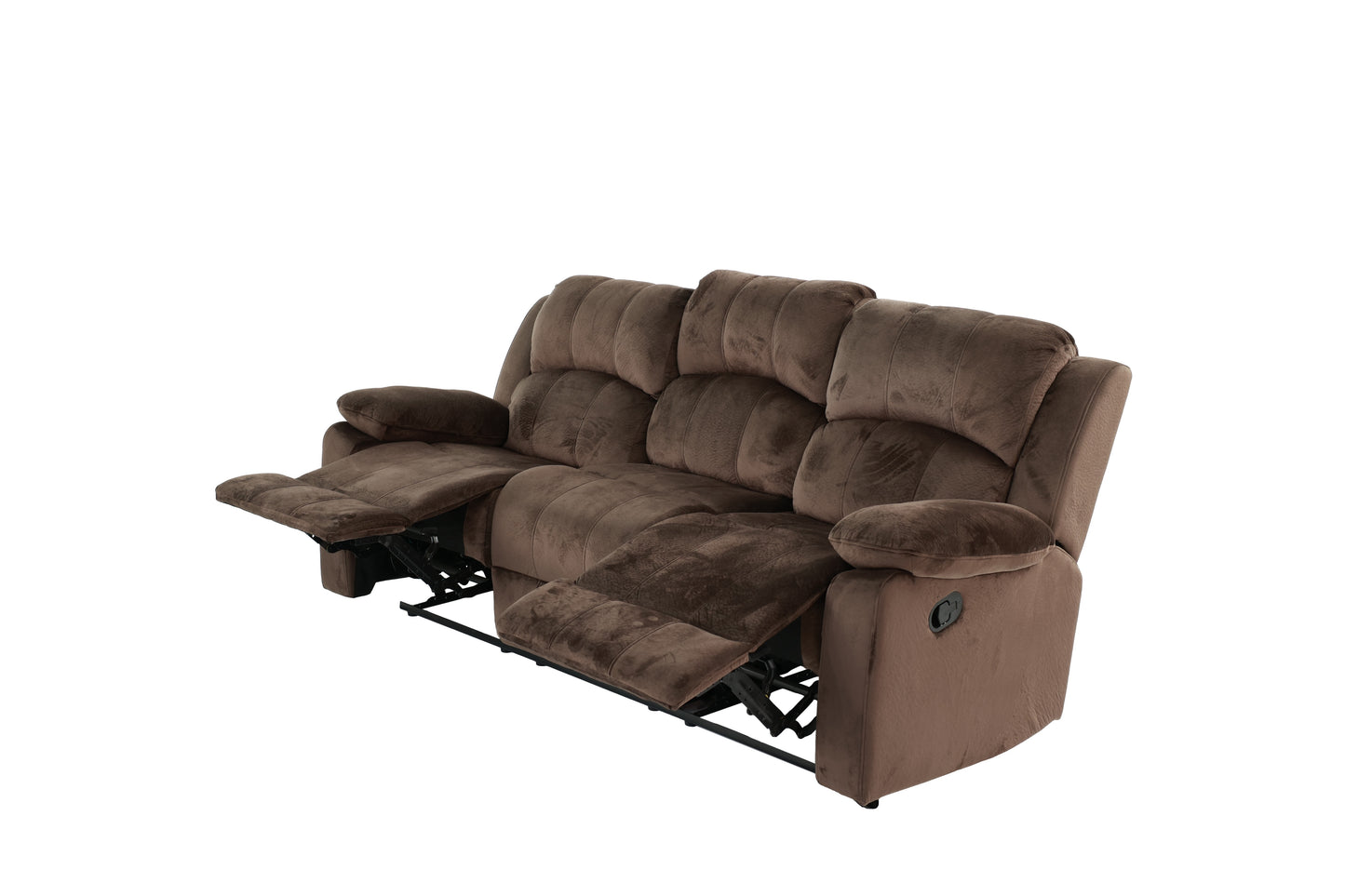 Brown plush threeseater recliner sofa with extended footrests and plush cushions
