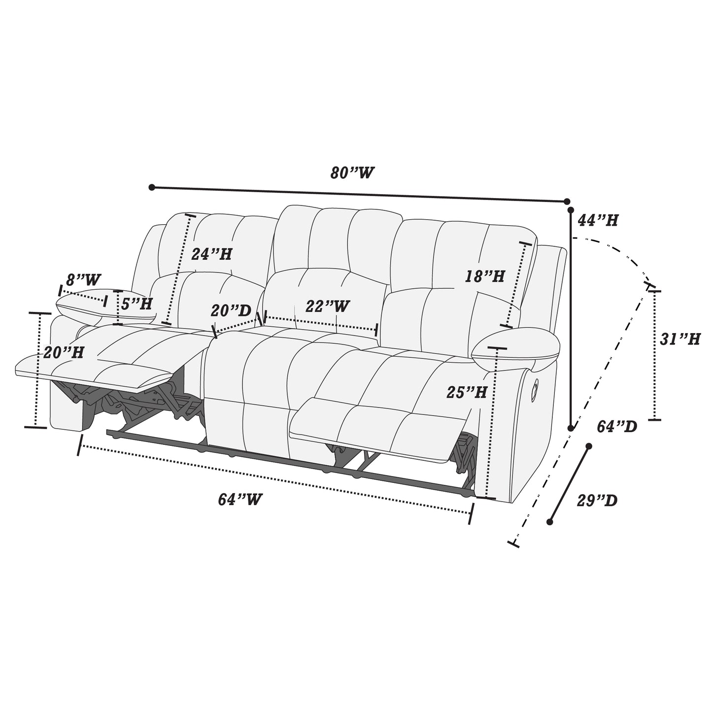 Illustration of a recliner sofa with dimensions for width height and depth
