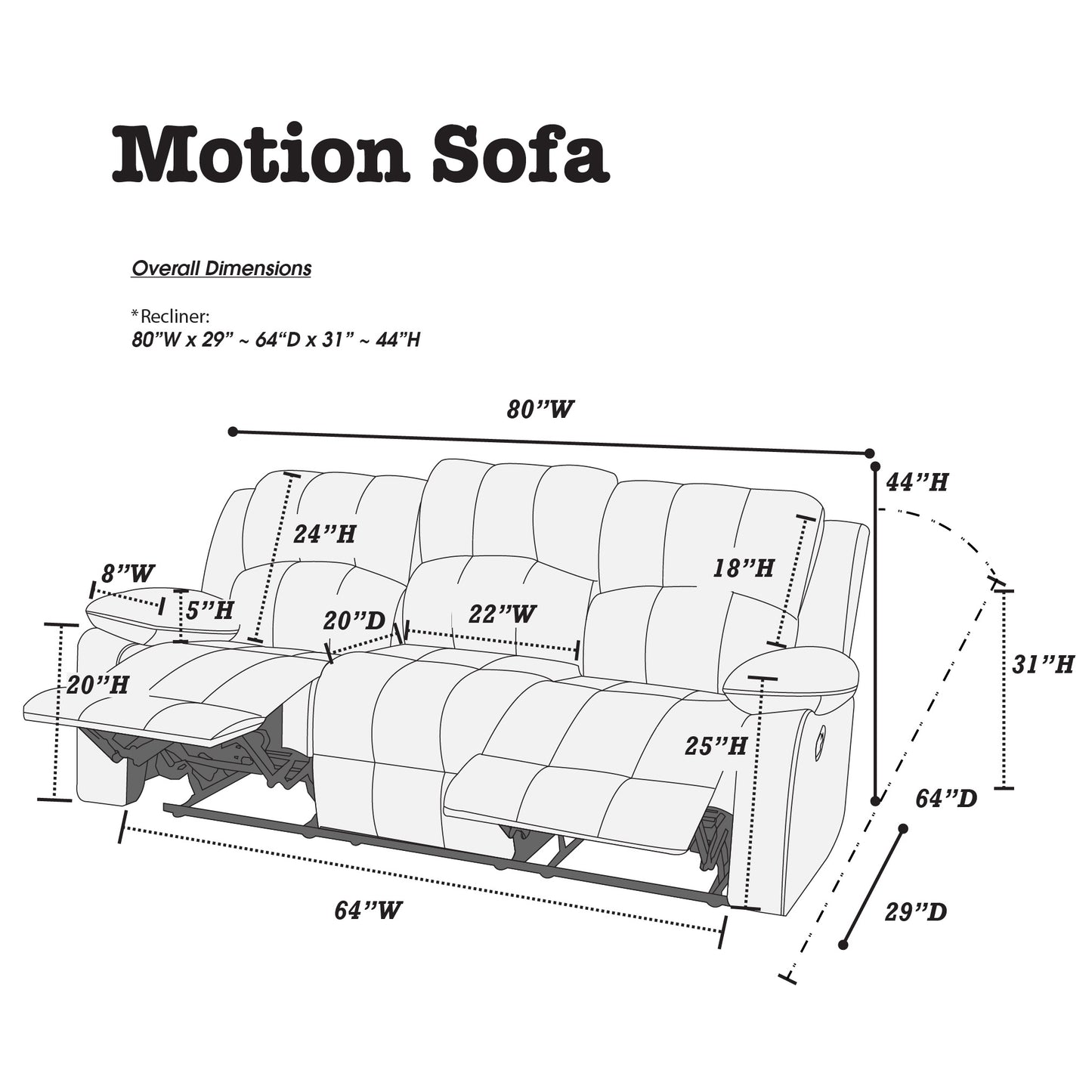 Diagram of a motion sofa with dimensions W x H x D