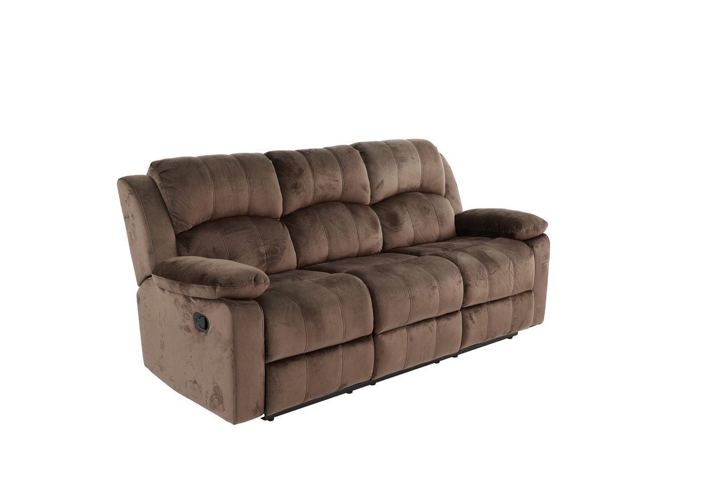 Brown velvet reclining sofa with plush cushions and wide armrests for ultimate comfort