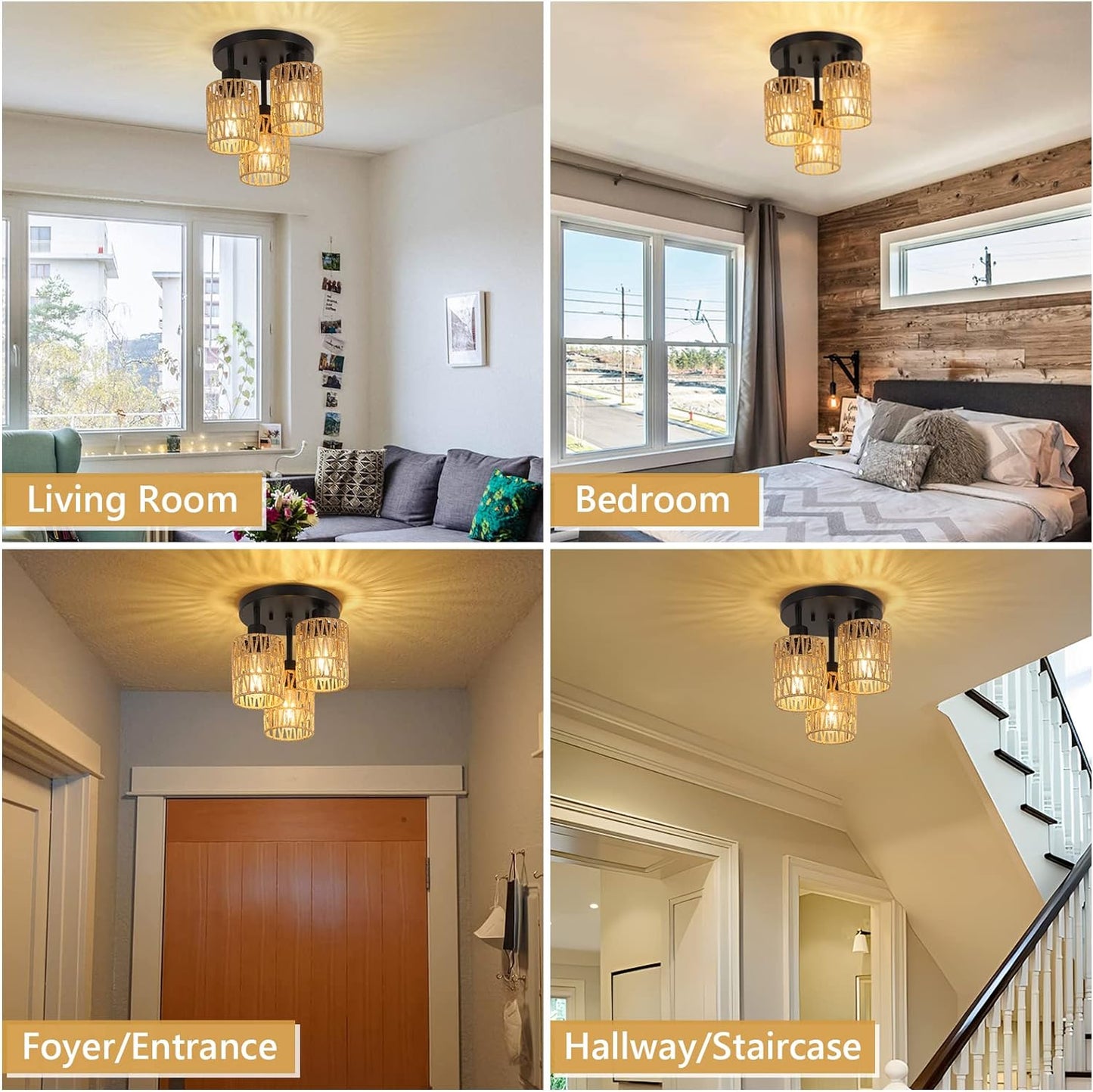 Threelight flush mount ceiling light with woven natural rattan shades and black metal base for living room