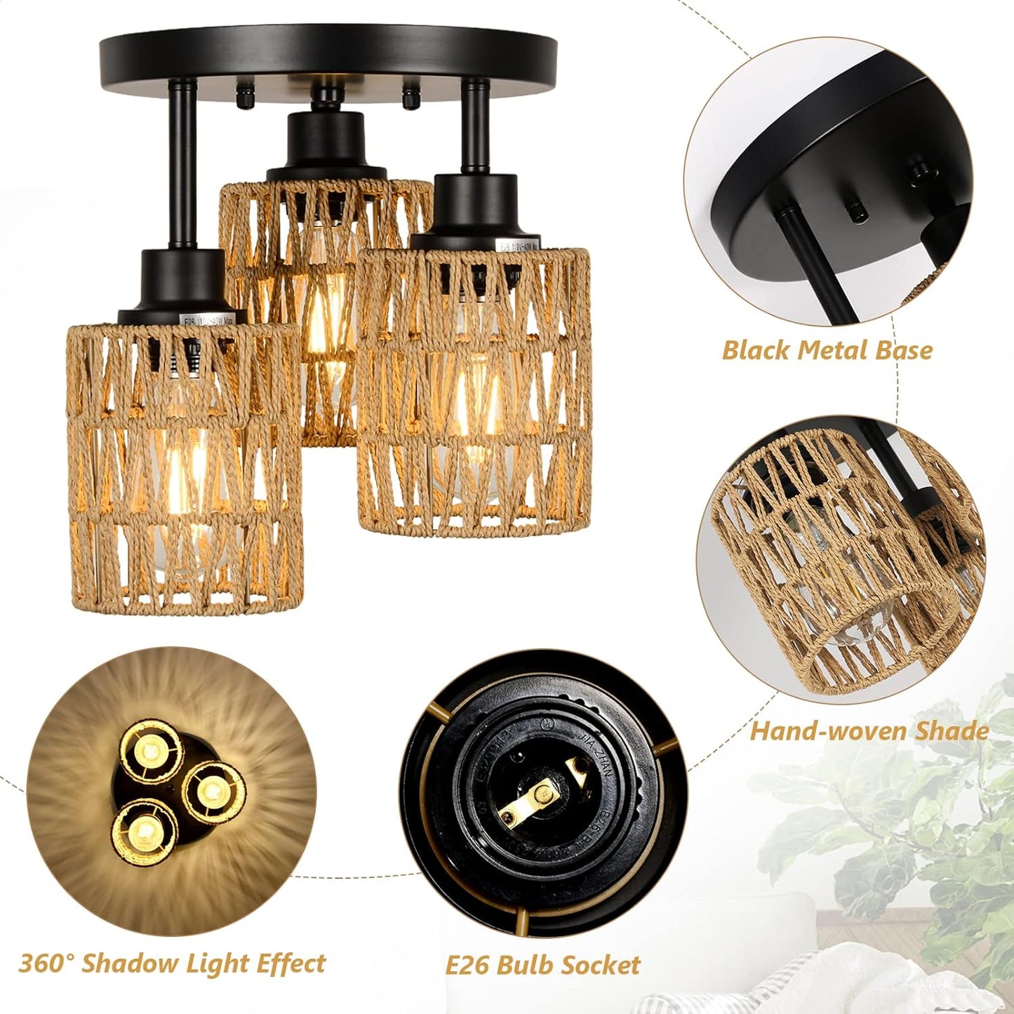 Modern light flush mount ceiling fixture with woven jute shades and black metal base