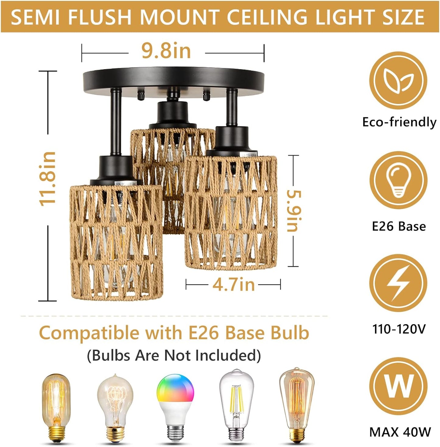 light semi flush mount ceiling light with woven rope shades and black metal base