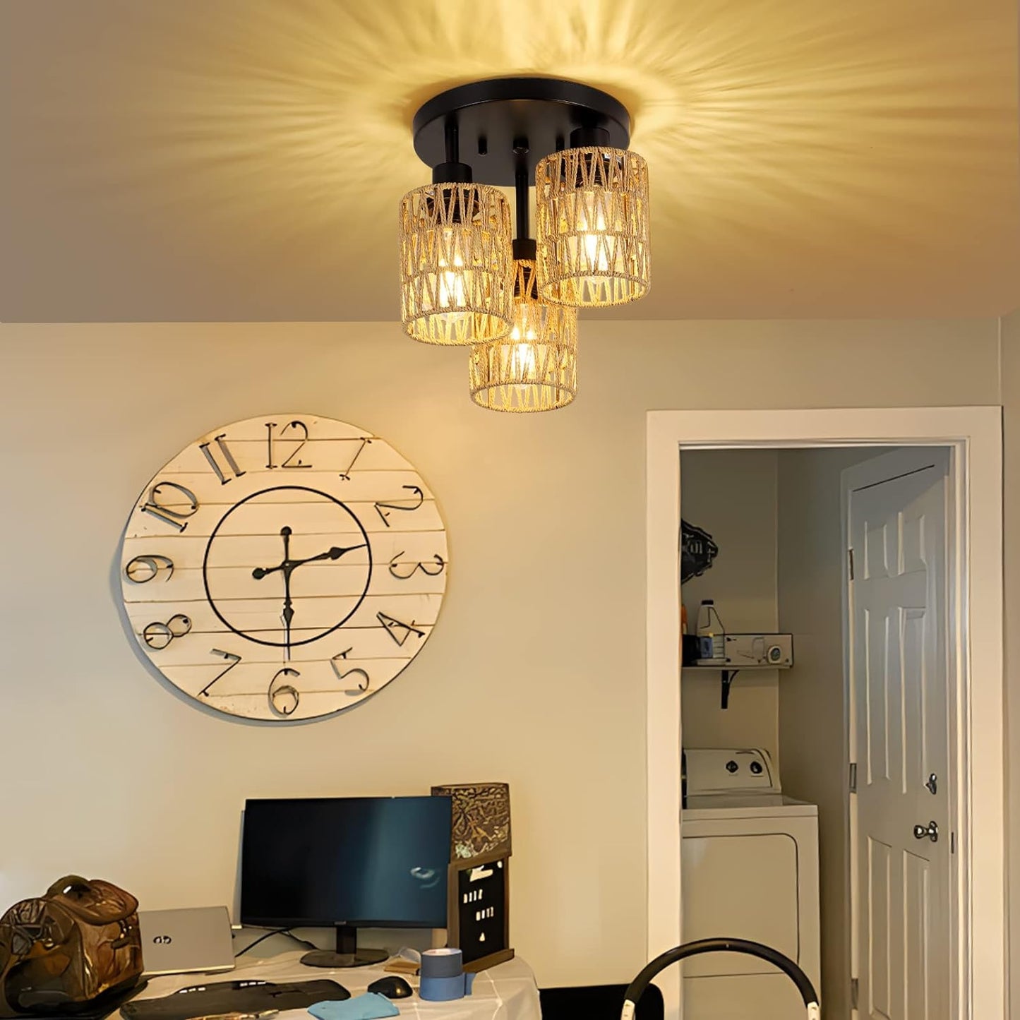 Modern rustic flush mount ceiling light with woven shades and three bulbs