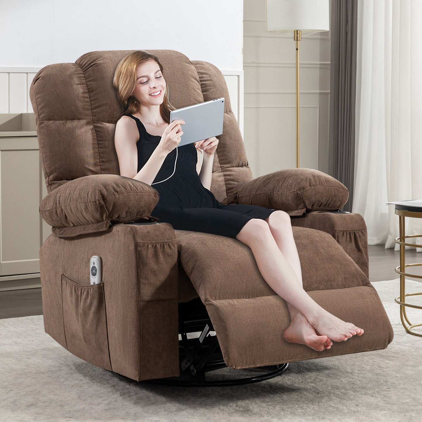 Brown fabric power recliner with side pocket and remote for ultimate relaxation