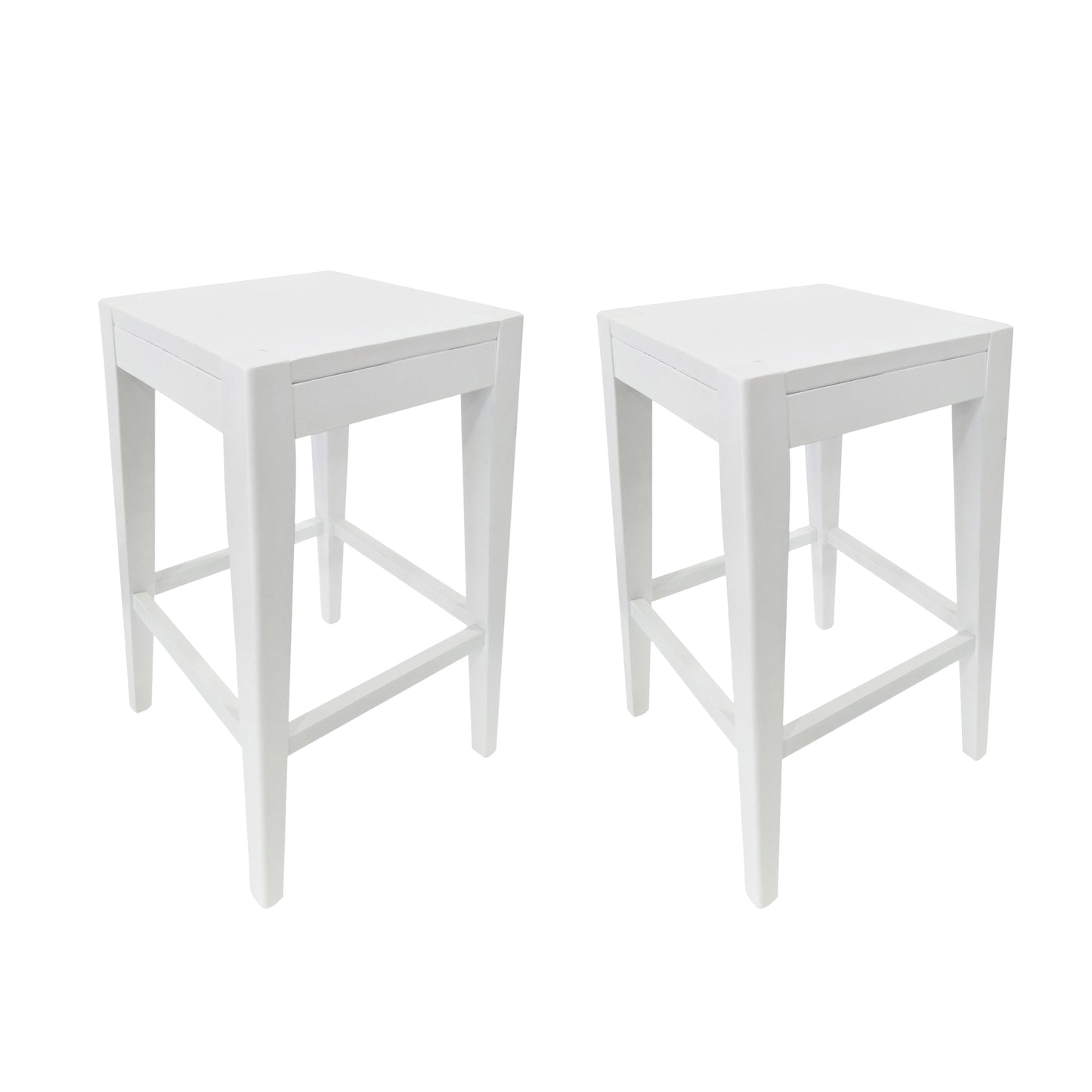 Pair of white wooden bar stools with square seats and sturdy legs