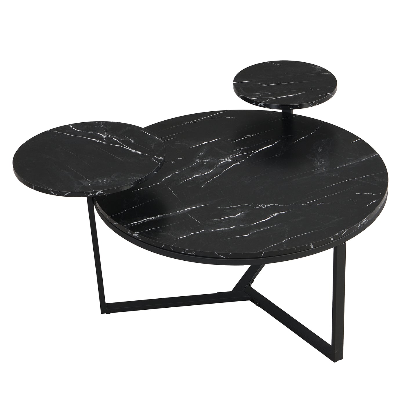 Modern black marble coffee table with tiered round tops and a matte black metal base