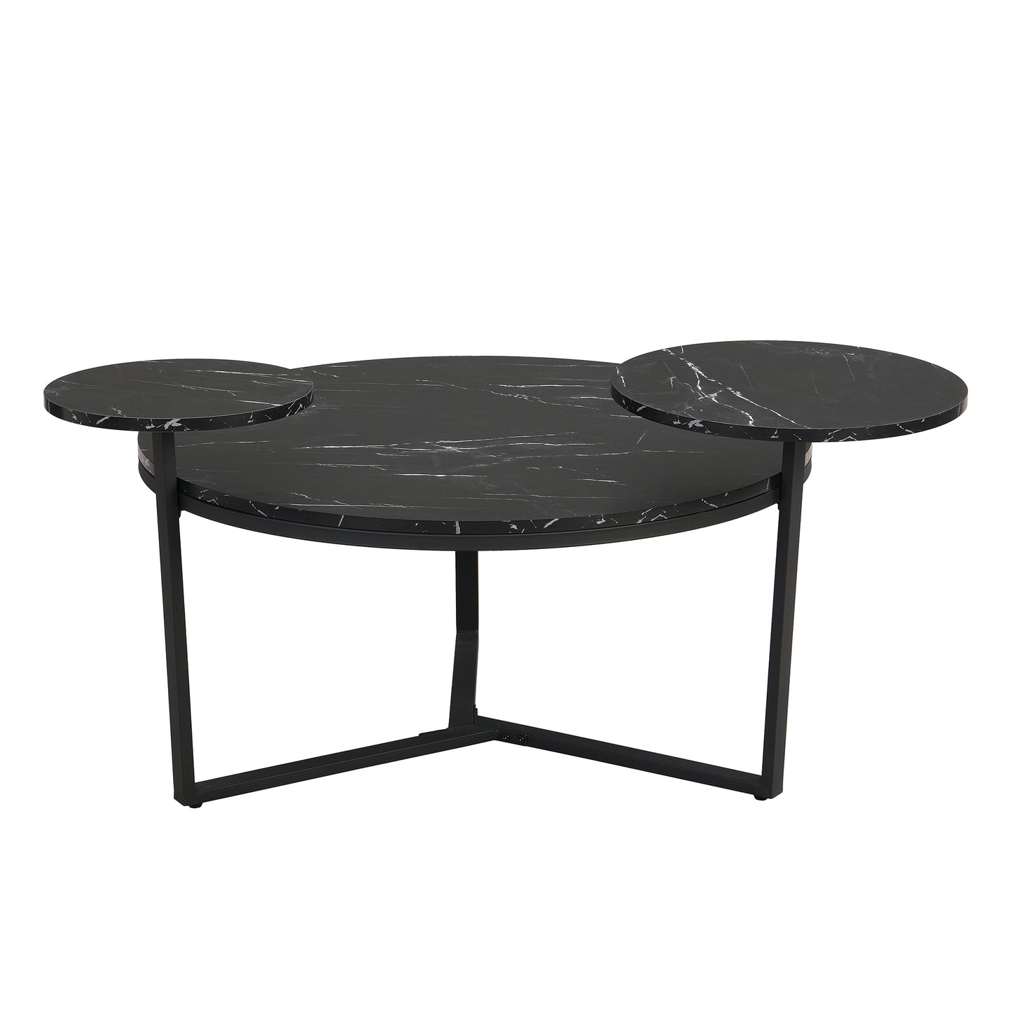 Modern black marble coffee table with staggered circular tops and a metal frame