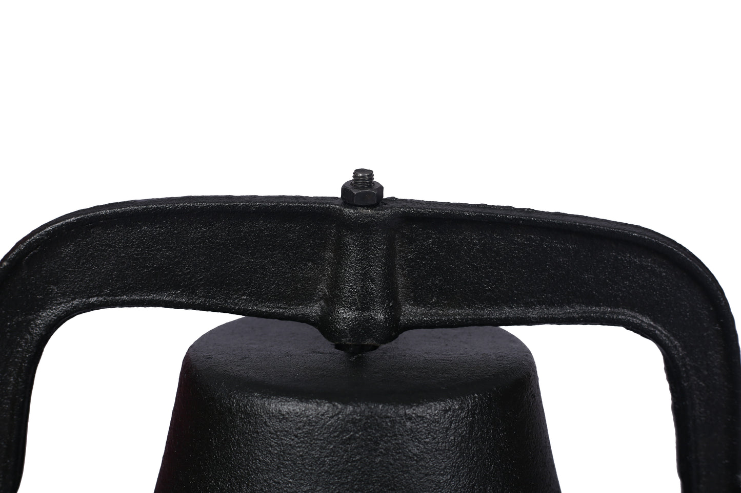 Black cast iron bell handle with textured finish and bolt detail
