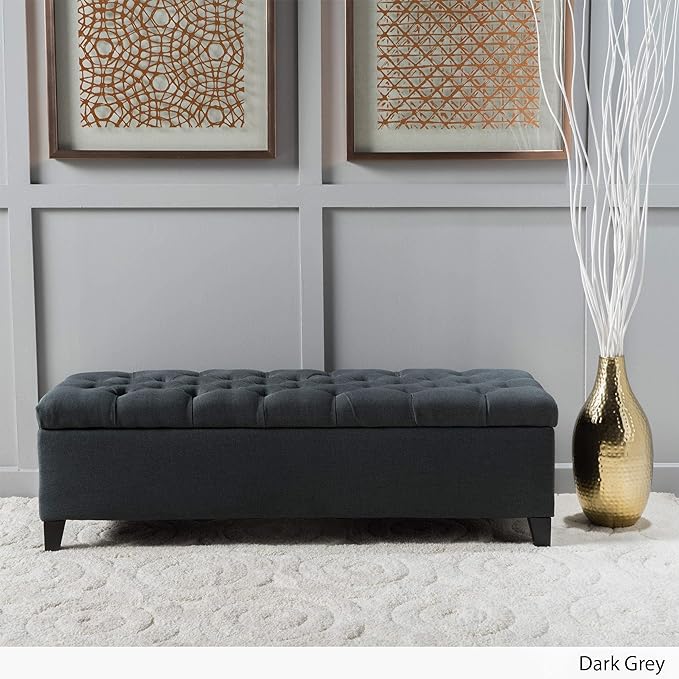 Tufted dark grey upholstered storage ottoman bench with wooden legs perfect for entryways