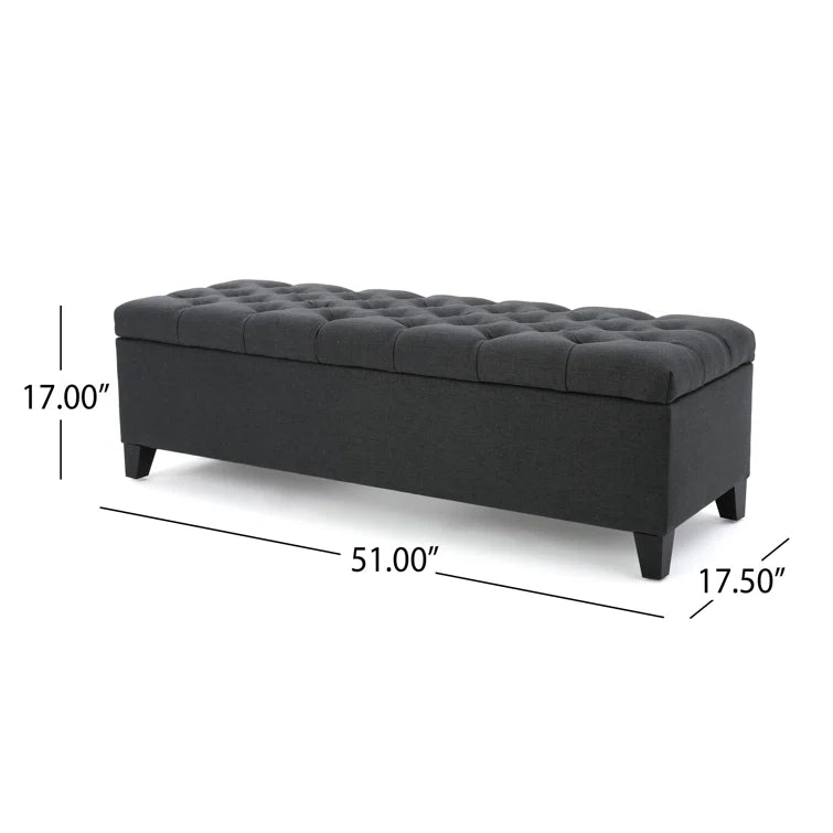 Tufted dark gray fabric storage ottoman bench with wooden legs