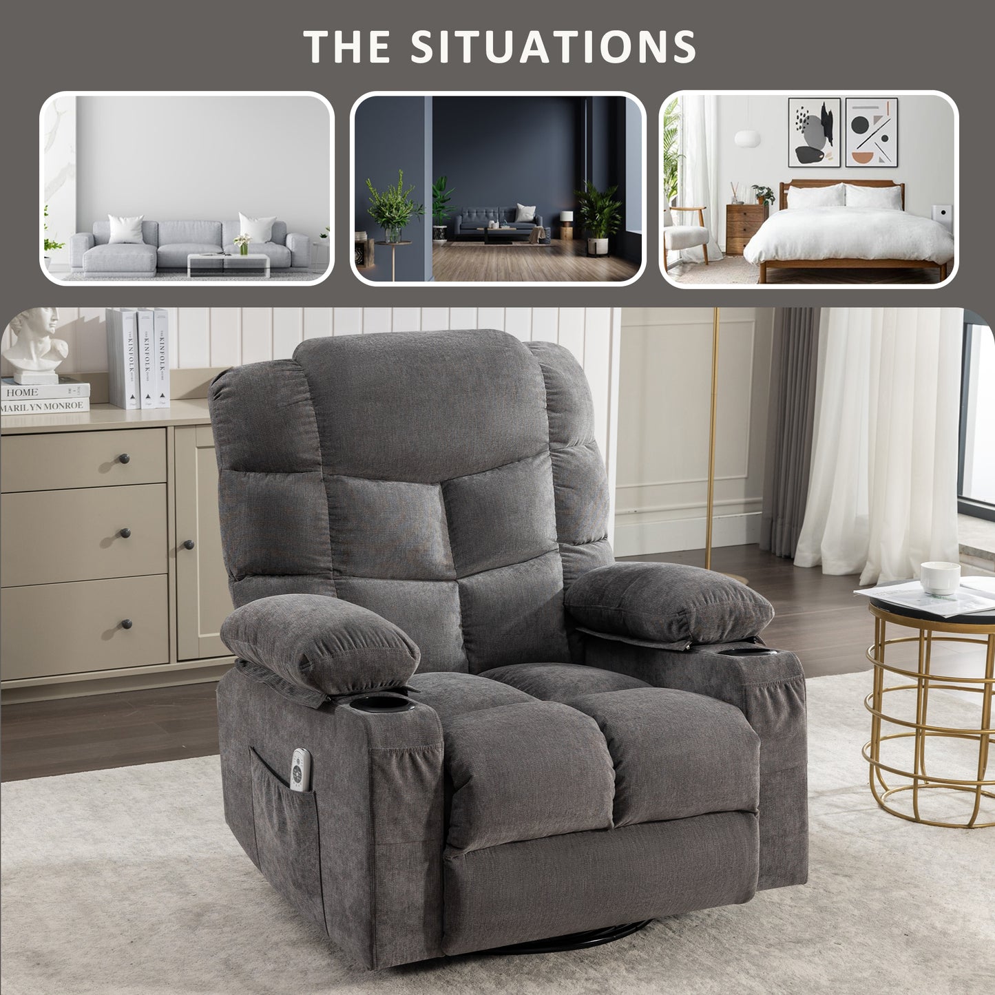 Comfortable grey fabric recliner chair with cup holders and side pocket for remote
