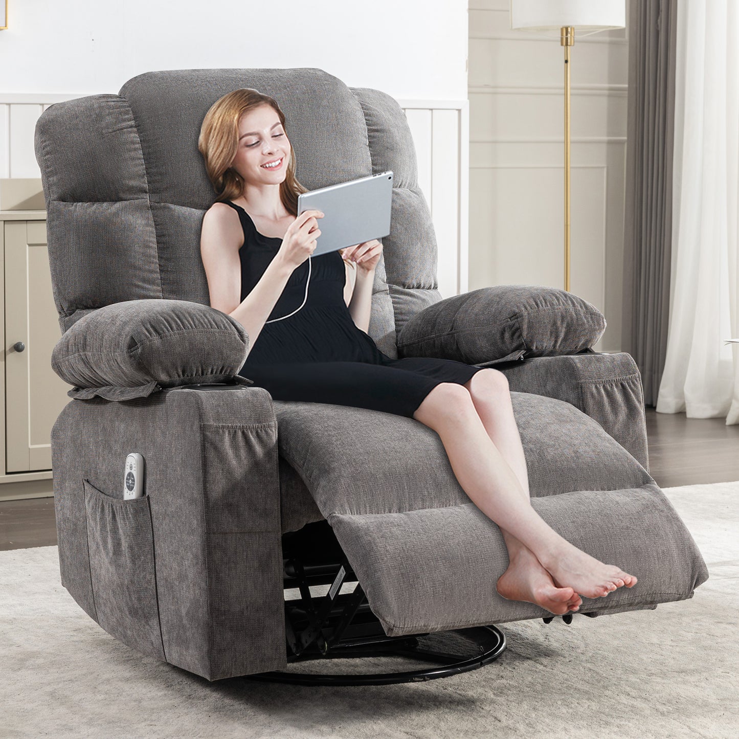 Gray fabric recliner chair with side pocket and remote control