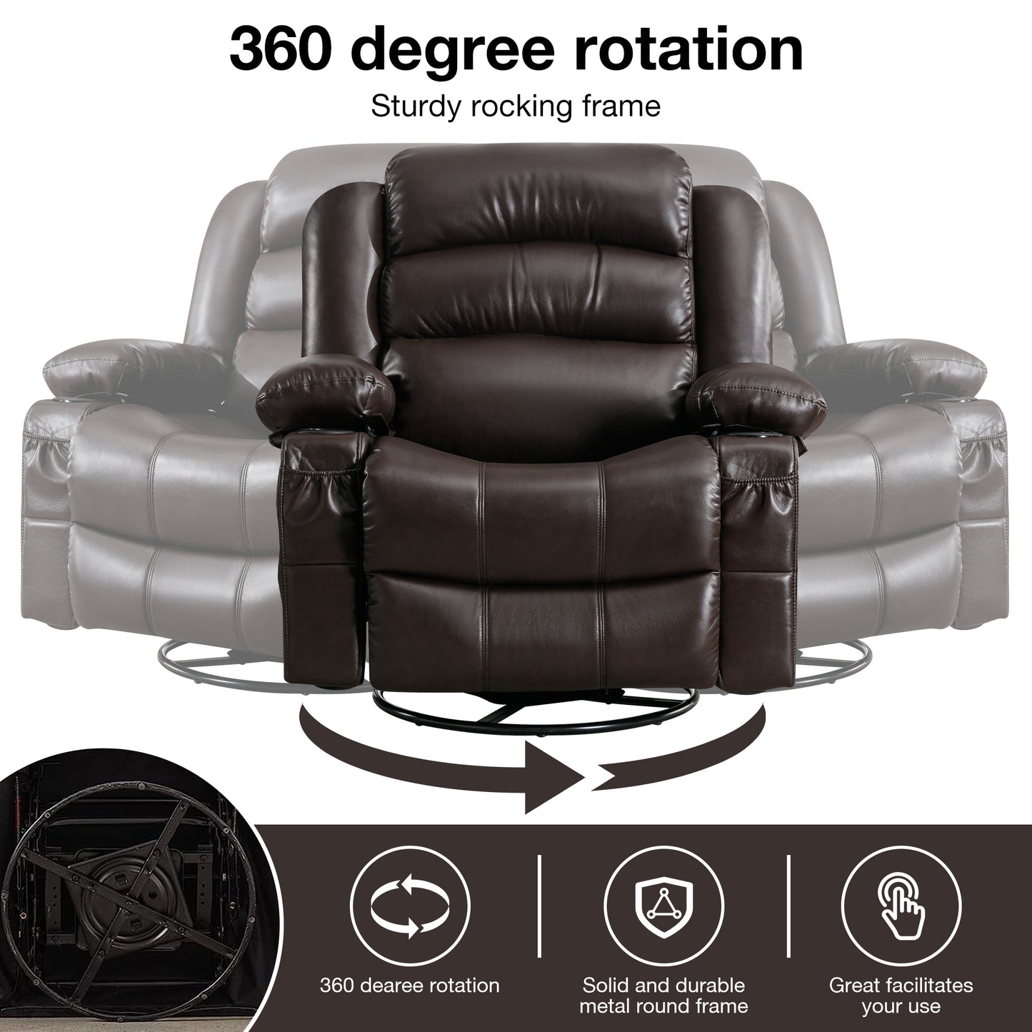 Dark brown bonded leather recliner chair with degree swivel base