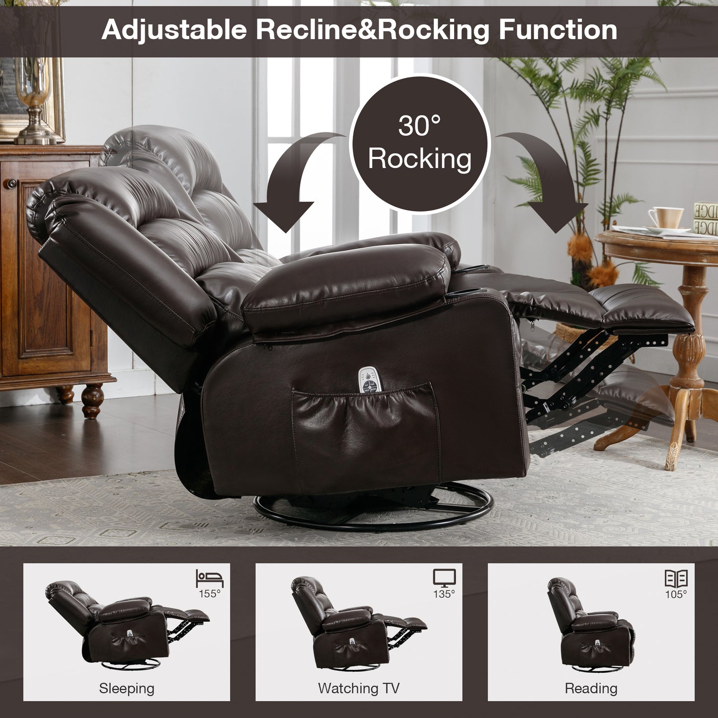 Dark brown leather recliner with adjustable rocking function perfect for relaxation