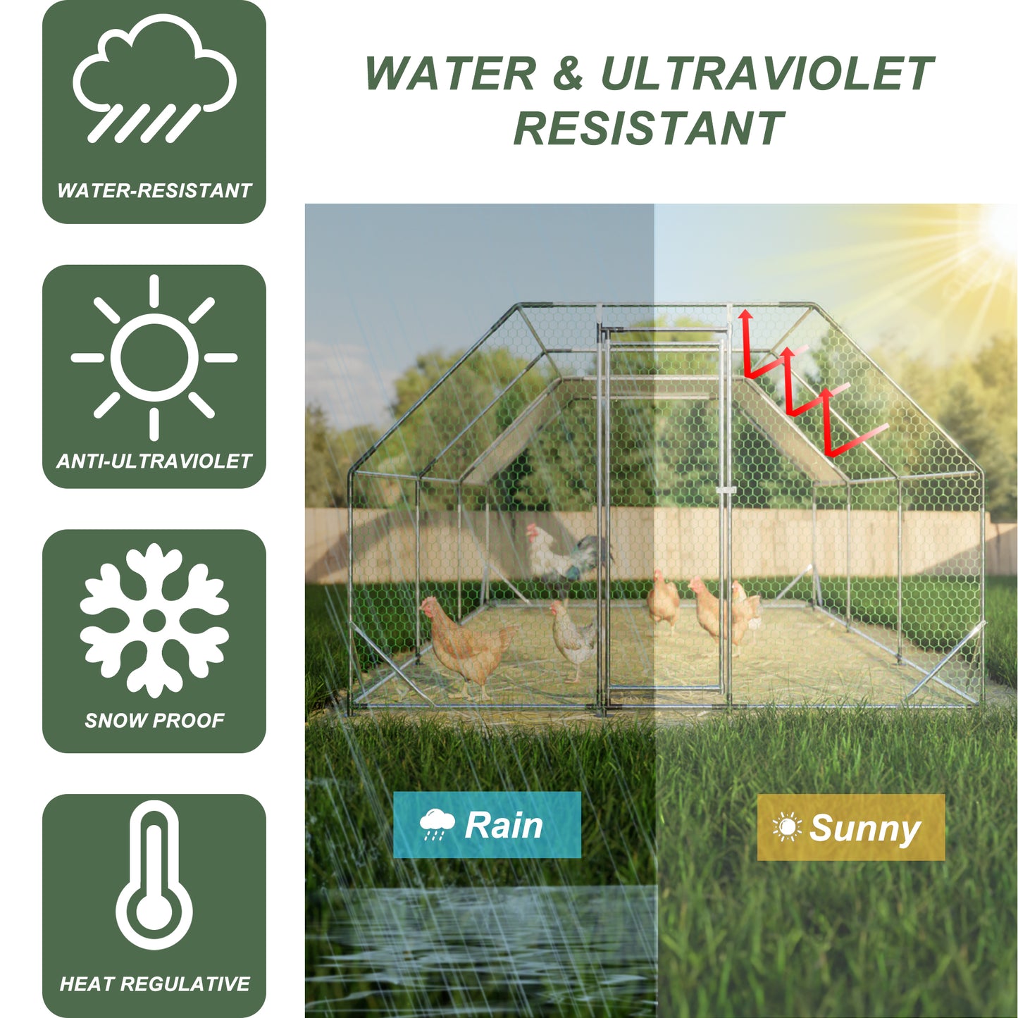 Metal chicken coop with multiple chickens inside rain effect on left