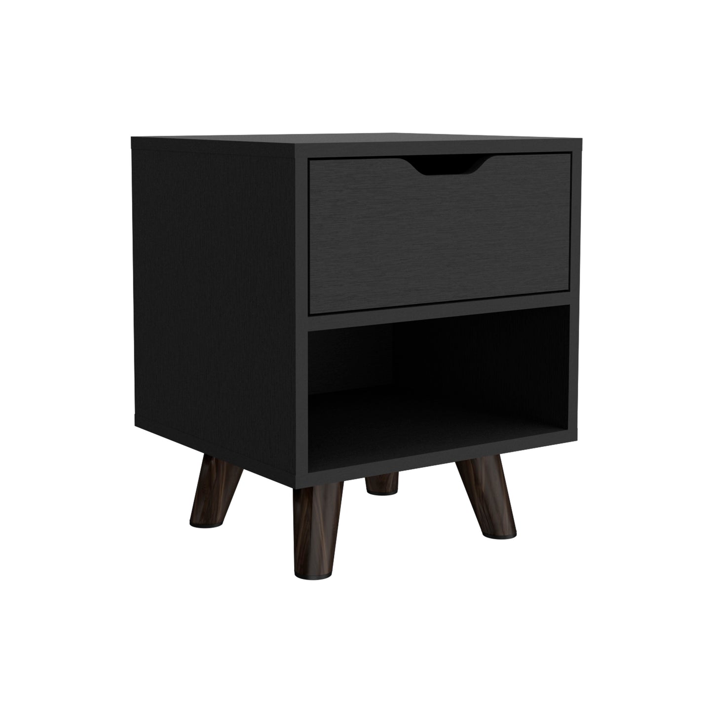 Black modern nightstand with a single drawer and open shelf