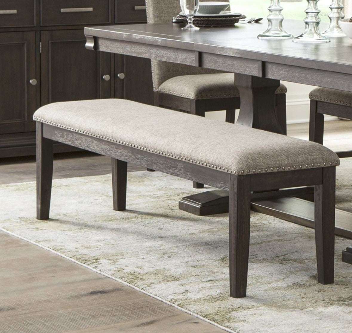 Tufted upholstered bench with dark wood frame