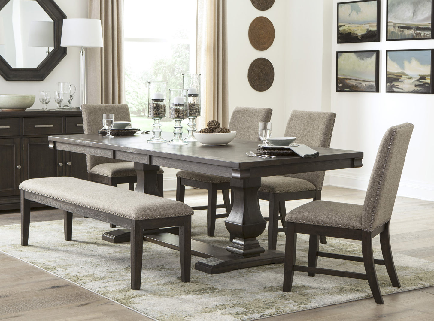 Dark wood dining table and chairs with upholstered bench