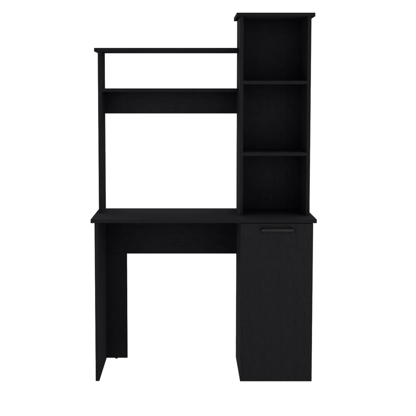 Modern black desk with hutch featuring shelves and a cabinet perfect for a home office setup