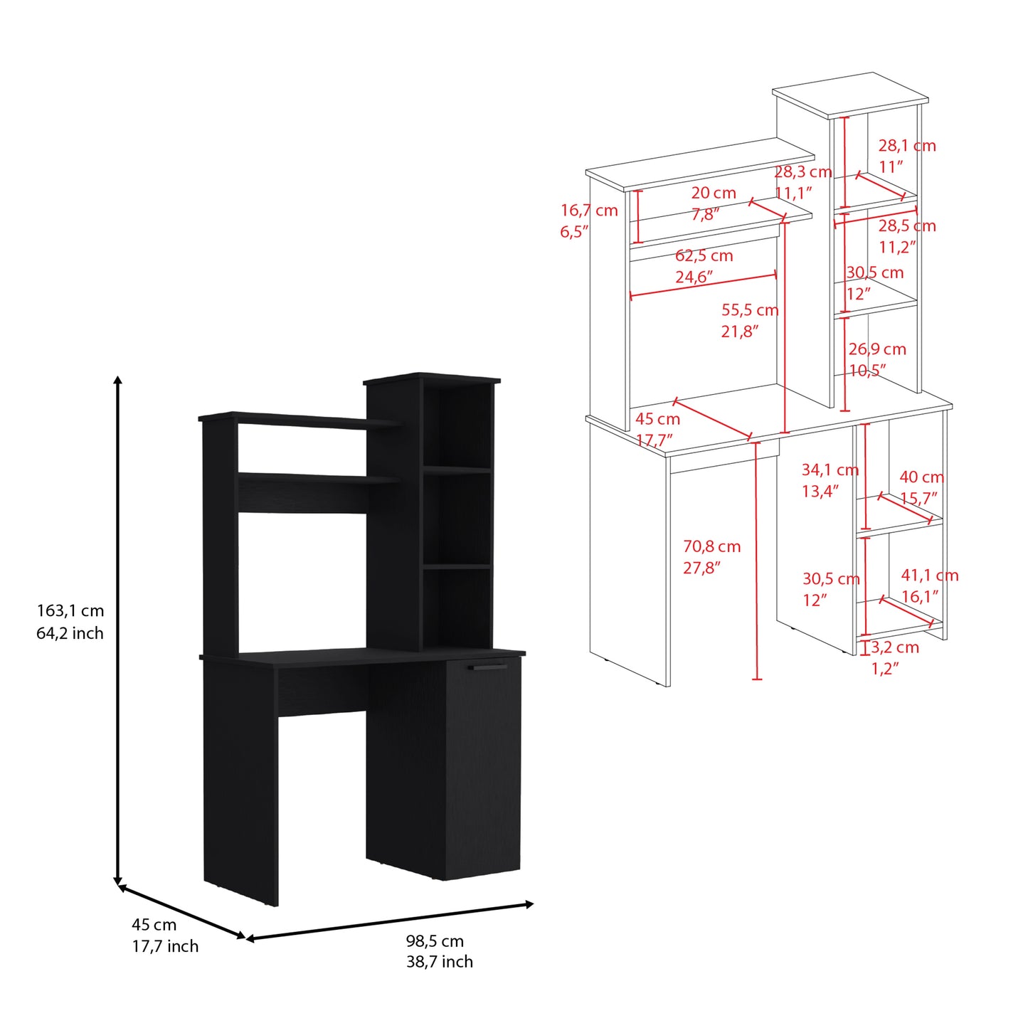 Black computer desk with an integrated shelving unit and drawer for home office use