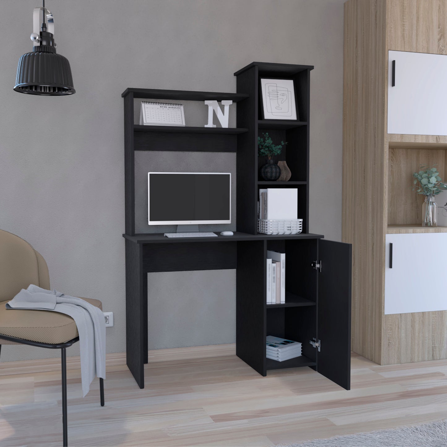 Black computer desk with hutch and storage cabinet ideal for home office setups
