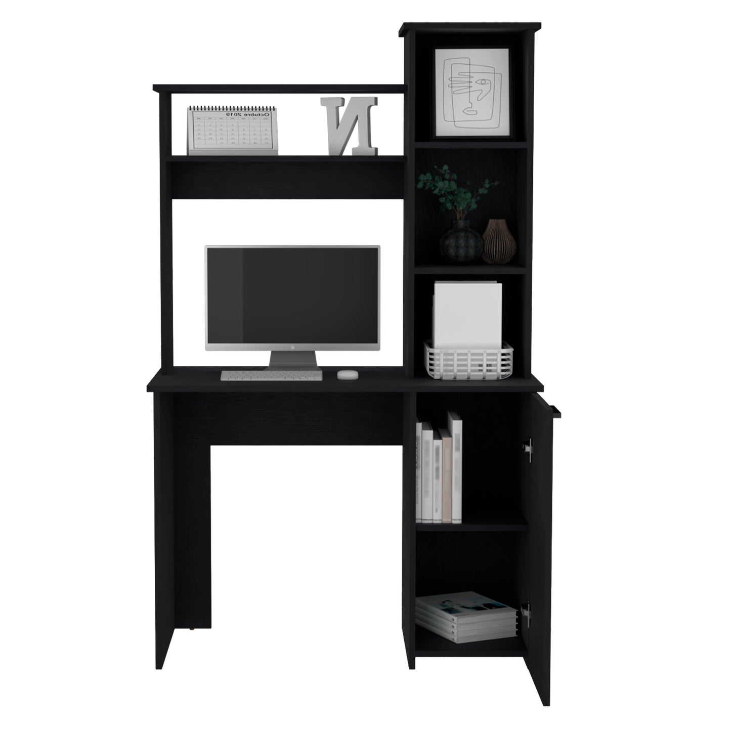 Black modern computer desk with hutch and integrated shelving unit