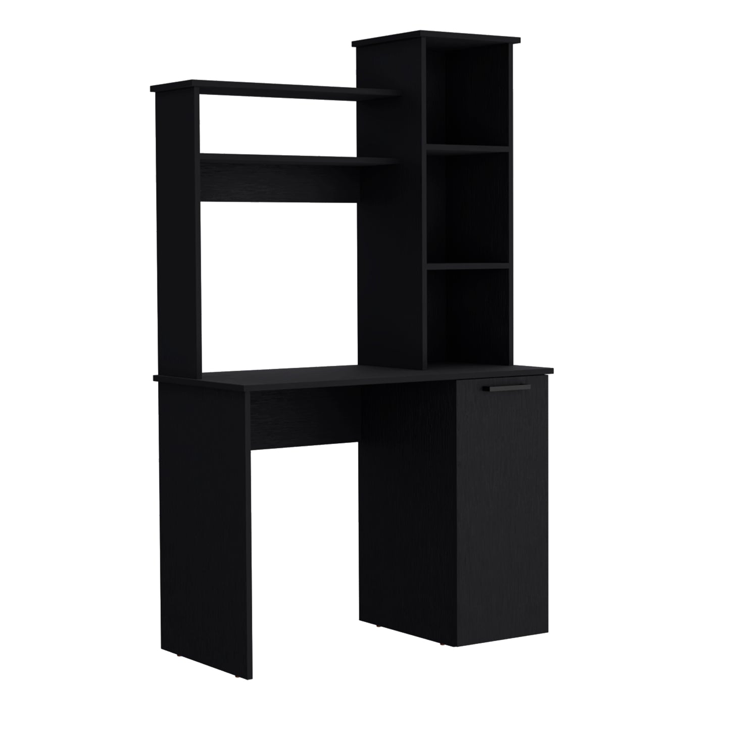 Black modern computer desk with open shelves and a cabinet